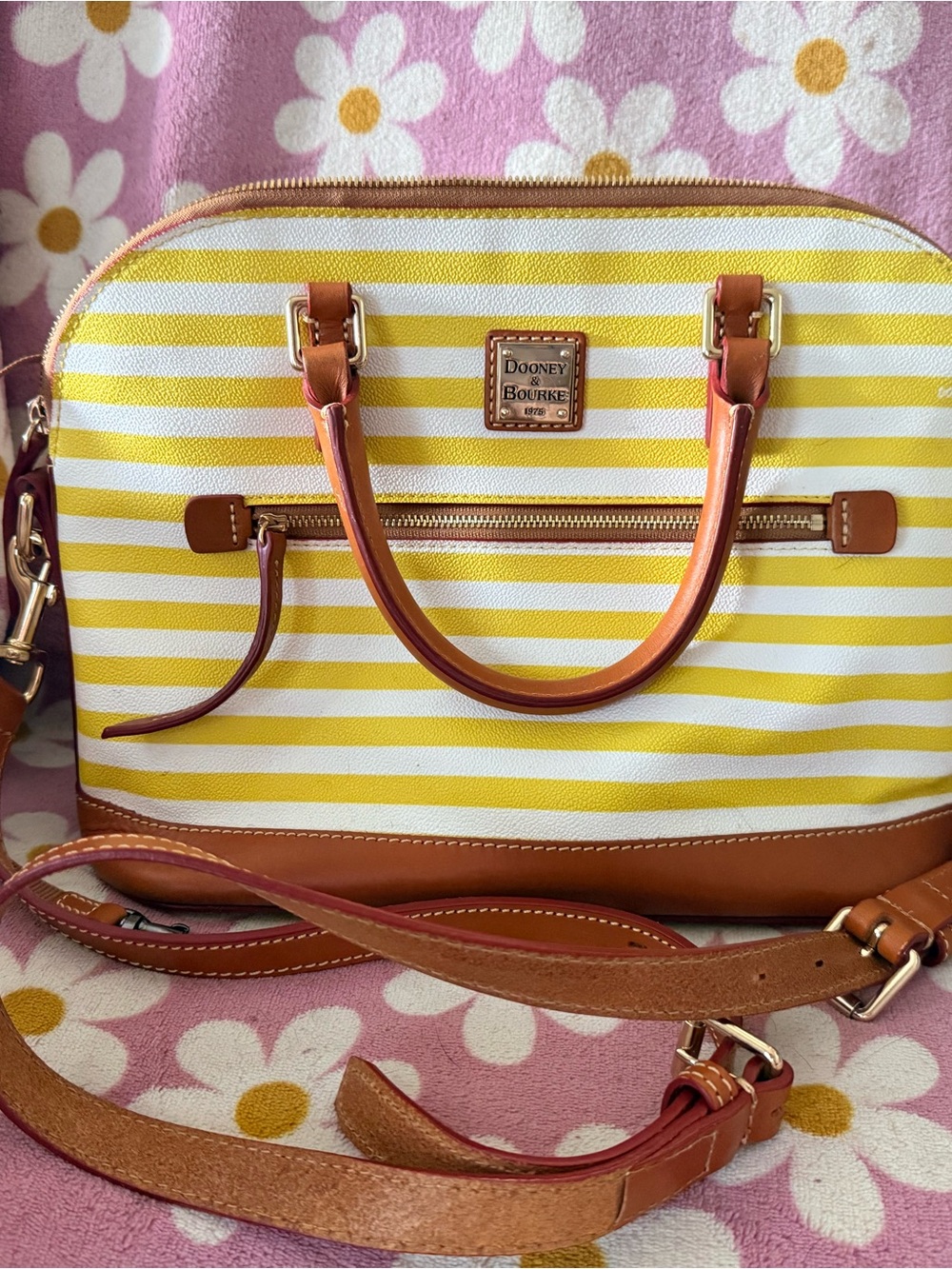 Dooney & Bourke Yellow and White Striped Leather Dome Crossbody with Tan Trim